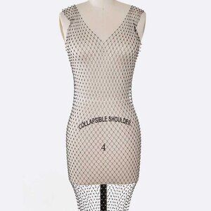 Rhinestone Fishnet Mesh V Neck Knee Length Cover Up - Black